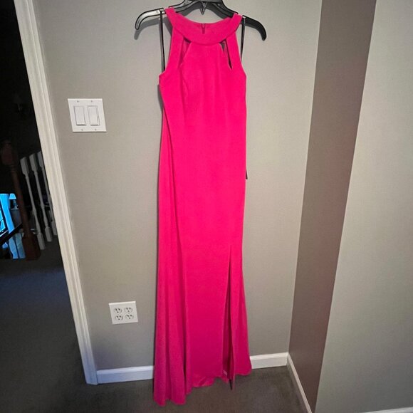 NWT Vince Camuto Hot Pink Halter Neck Sheath Cocktail Floor Length Dress - Picture 3 of 5
